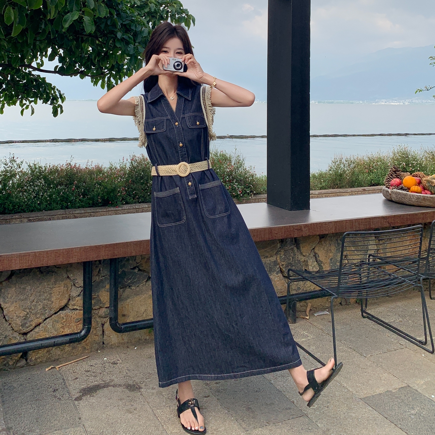 中长裙无袖单排扣黑色露腰连衣裙复古牛仔裙高腰气质时尚长裙显瘦，商品下架区商品下架区，浙宝210（原浙宝191）