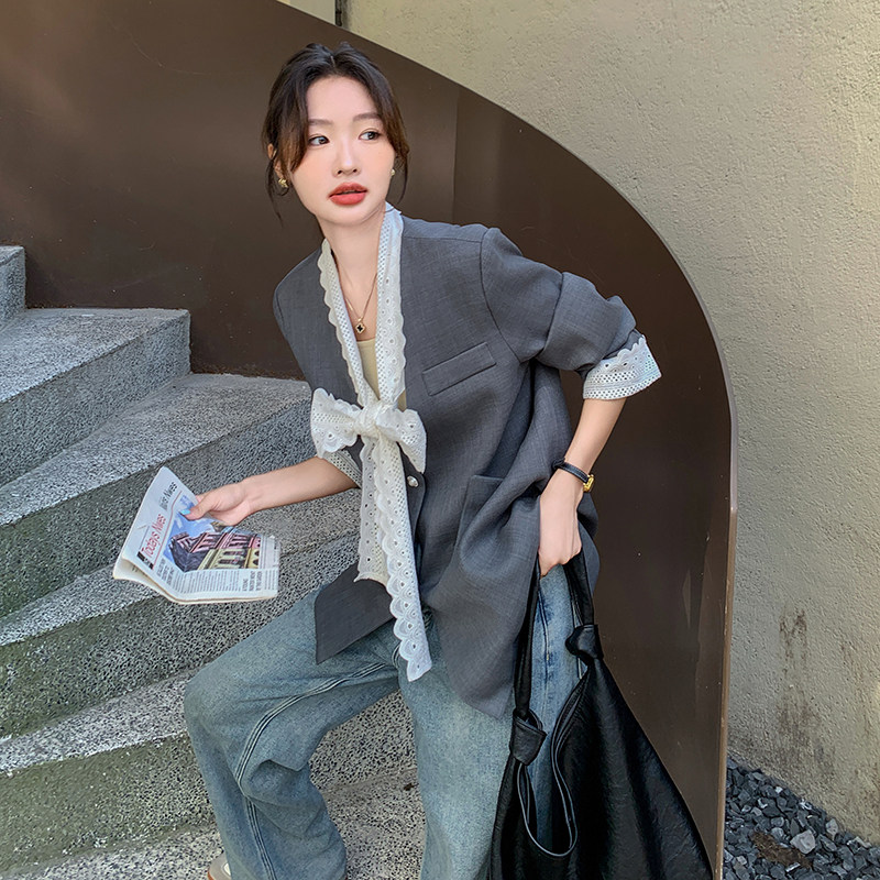 设计感蕾丝蝴蝶结拼接西装外套女春季2025年新款休闲宽松气质西服,商品下架区,浙宝210（原浙宝191）
