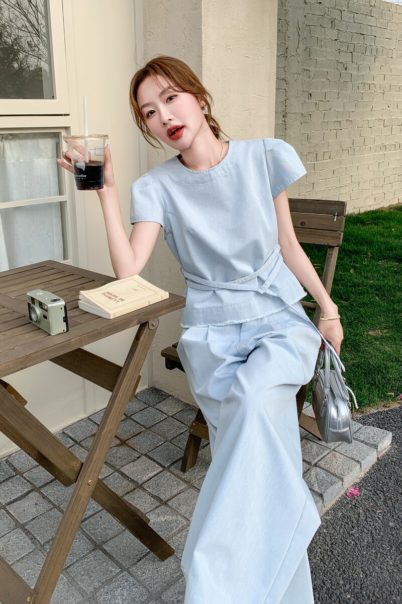 韩系休闲套装女2025夏季新款设计感小个子圆领上衣阔腿裤两件套,女装套装/套裙,浙宝210（原浙宝191）