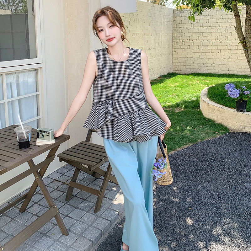 209-3255-Ｐ150-K218时尚格子荷叶边百搭阔腿裤套装，女装套装/套裙，浙宝210（原浙宝191）