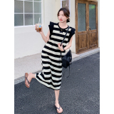 黑白条纹飞飞袖连衣裙女2025夏季新款慵懒风韩系休闲宽松T恤长裙，女装连衣裙，浙宝210（原浙宝191）