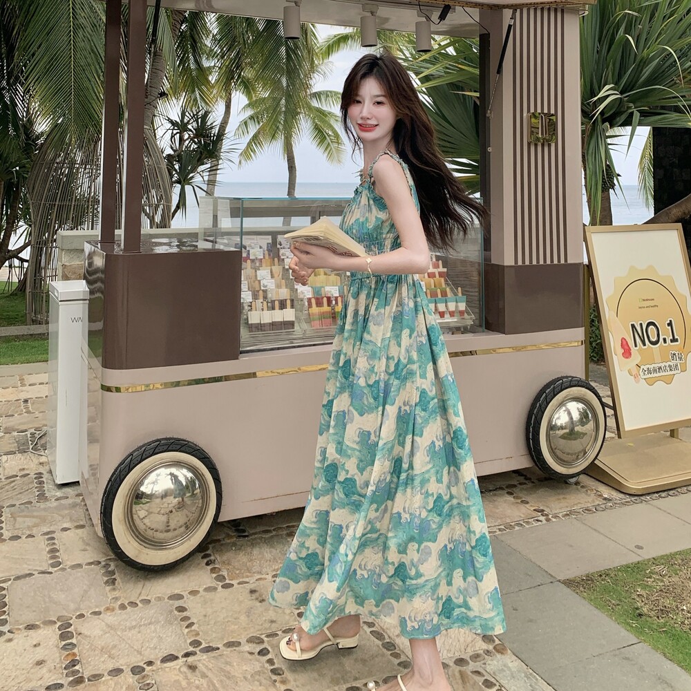 超仙浪漫油画无袖吊带裙女夏季新款度假风森系绝美小个子连衣裙,女装连衣裙,浙宝210（原浙宝191）