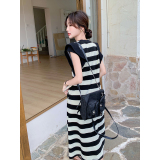 黑白条纹飞飞袖连衣裙女2025夏季新款慵懒风韩系休闲宽松T恤长裙，女装连衣裙，浙宝210（原浙宝191）