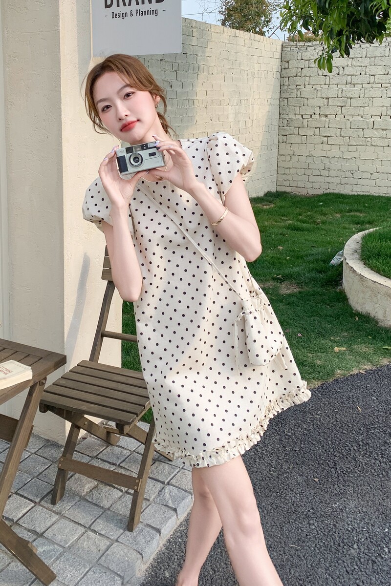 法式波点白色泡泡袖连衣裙女2025夏季新款超好看独特漂亮收腰裙子,女装连衣裙,浙宝210（原浙宝191）