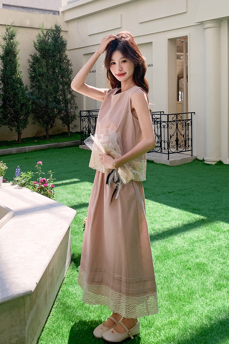 粉色甜美蕾丝拼接背心套装裙女夏季2025新款独特漂亮半身裙两件套,女装连衣裙,浙宝210（原浙宝191）