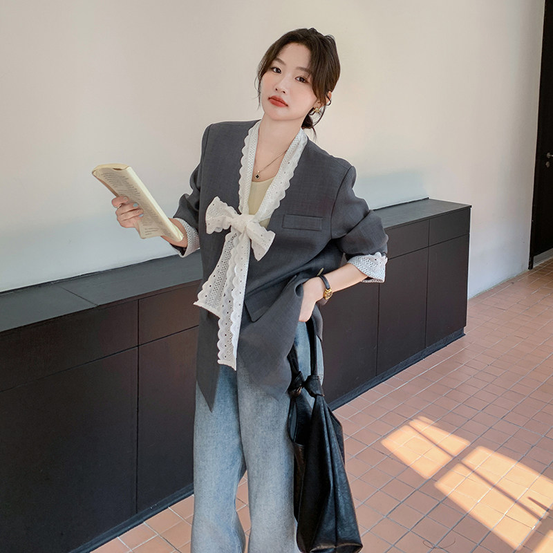 设计感蕾丝蝴蝶结拼接西装外套女春季2025年新款休闲宽松气质西服,商品下架区,浙宝210（原浙宝191）
