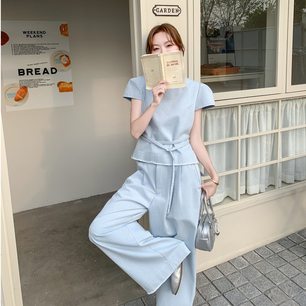 韩系休闲套装女2025夏季新款设计感小个子圆领上衣阔腿裤两件套,女装套装/套裙,浙宝210（原浙宝191）