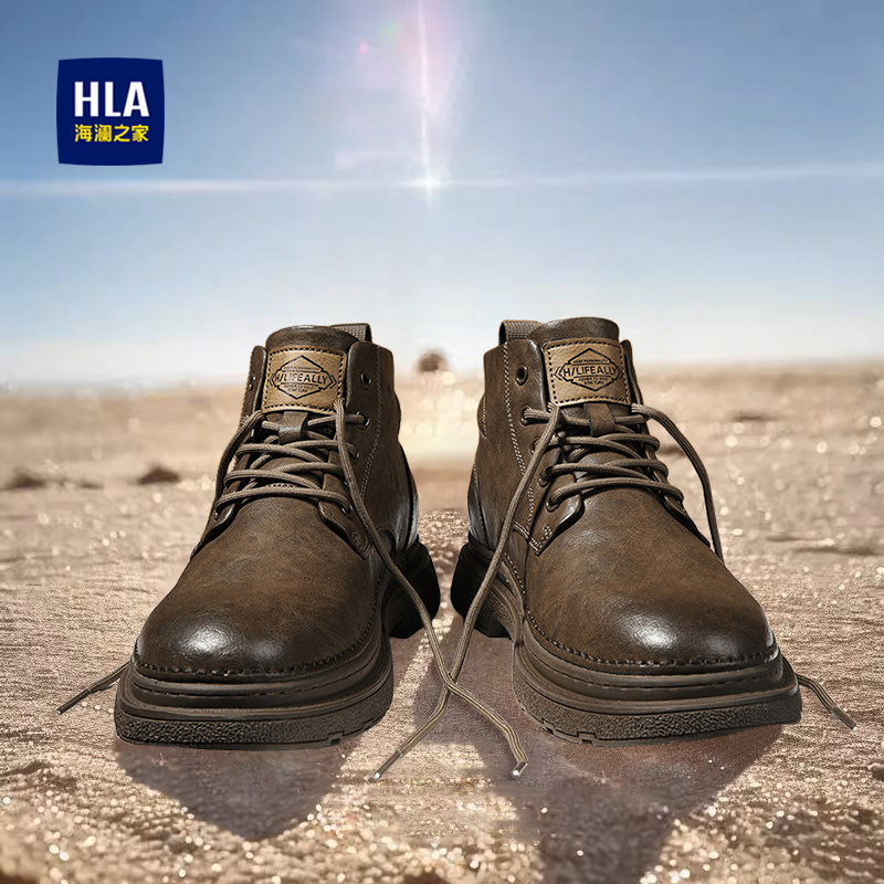海澜之家马丁靴男2025新款秋冬增高棕色英伦风中帮软皮男士工装靴
