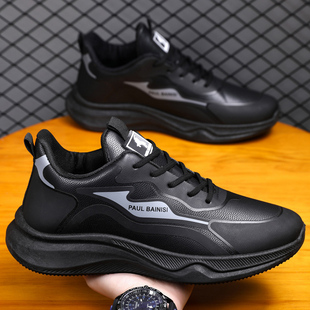 保罗柏妮丝2026新款皮面男鞋黑色厚底运动鞋轻便透气防滑百搭休闲