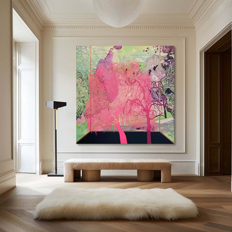 美式复古抽象植物客厅装饰画小众艺术手绘油画树林主卧室玄关挂画图片