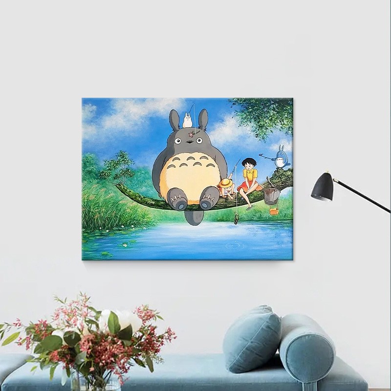 宫崎骏卡通手绘油画儿童房可爱龙猫钓鱼装饰画客厅挂画横版肌理画图片