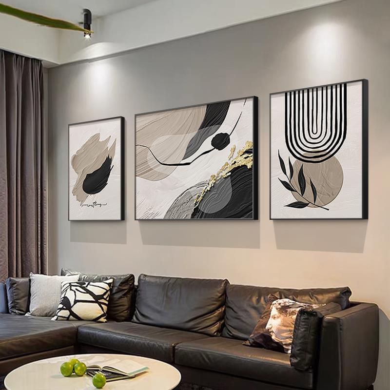 黑白灰三联壁画抽象沙发背景墙2025新款装饰画高级感客厅挂画简约