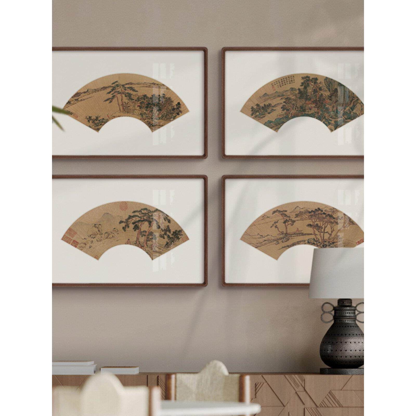 文征明扇面新中式茶室挂画书房办公室装饰画高档餐厅壁画实木覆古