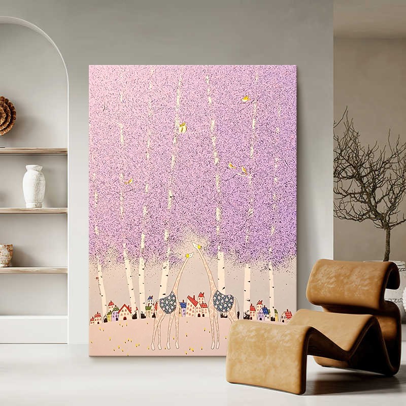 紫色大树长颈鹿手绘油画儿童房趣味风景装饰画客厅挂画玄关肌理画图片