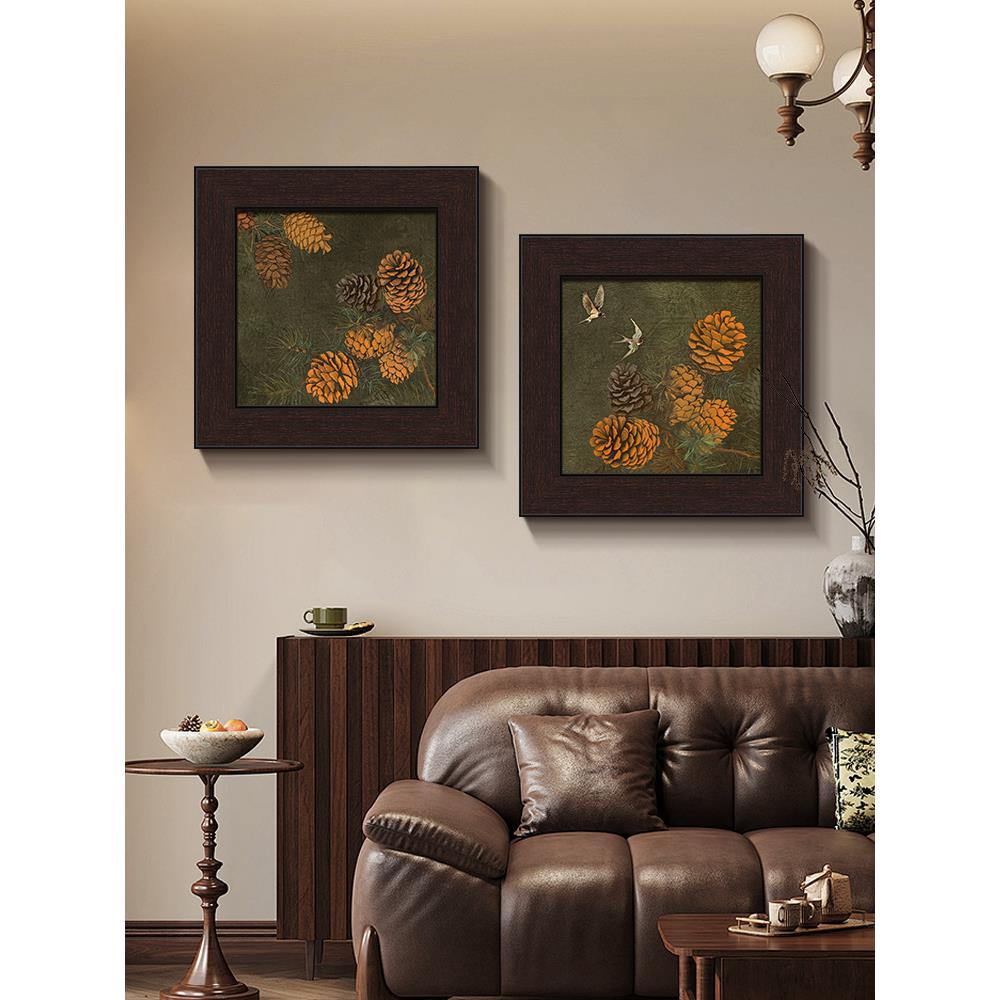 正方形法式中古风客厅沙发背景墙上小装饰画松果挂画高级感餐厅画
