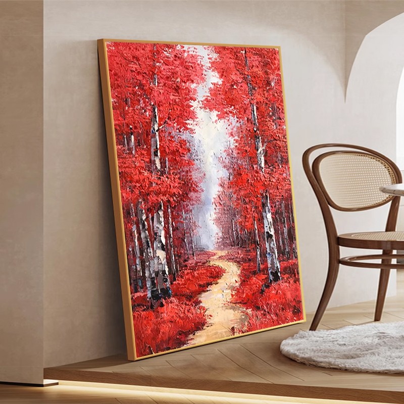 红色枫叶油画客厅树林风景装饰画丙烯肌理画入户壁画玄关挂画图片