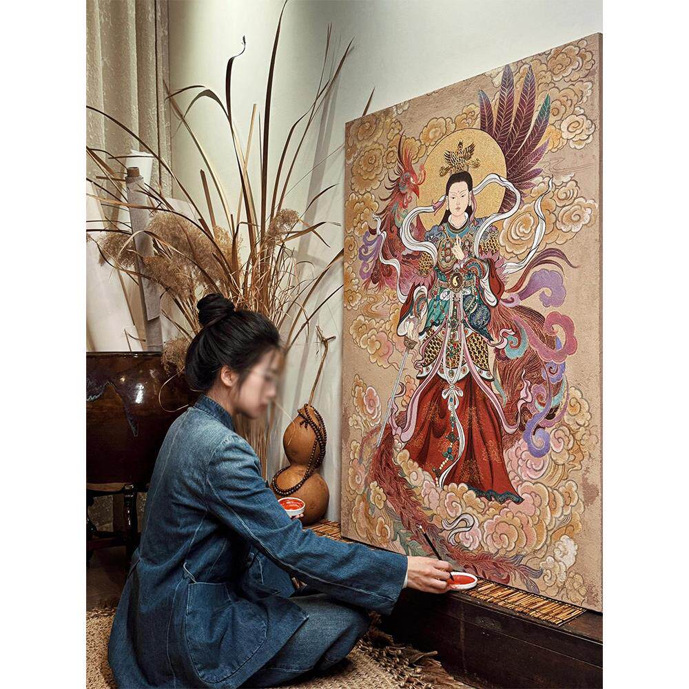 新中式九天玄女客厅装饰画佛堂敦煌壁画东方美学佛像招财镇宅挂画