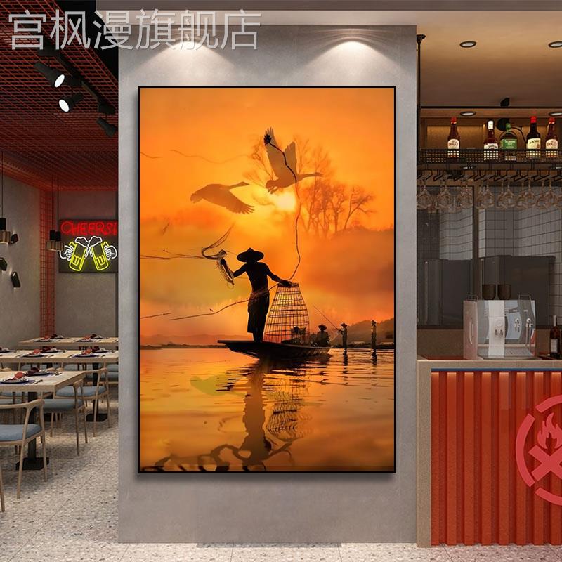 渔船装饰画海产店干货海鲜饭店壁画海上捕鱼日落黄昏渔夫渔民挂画图片