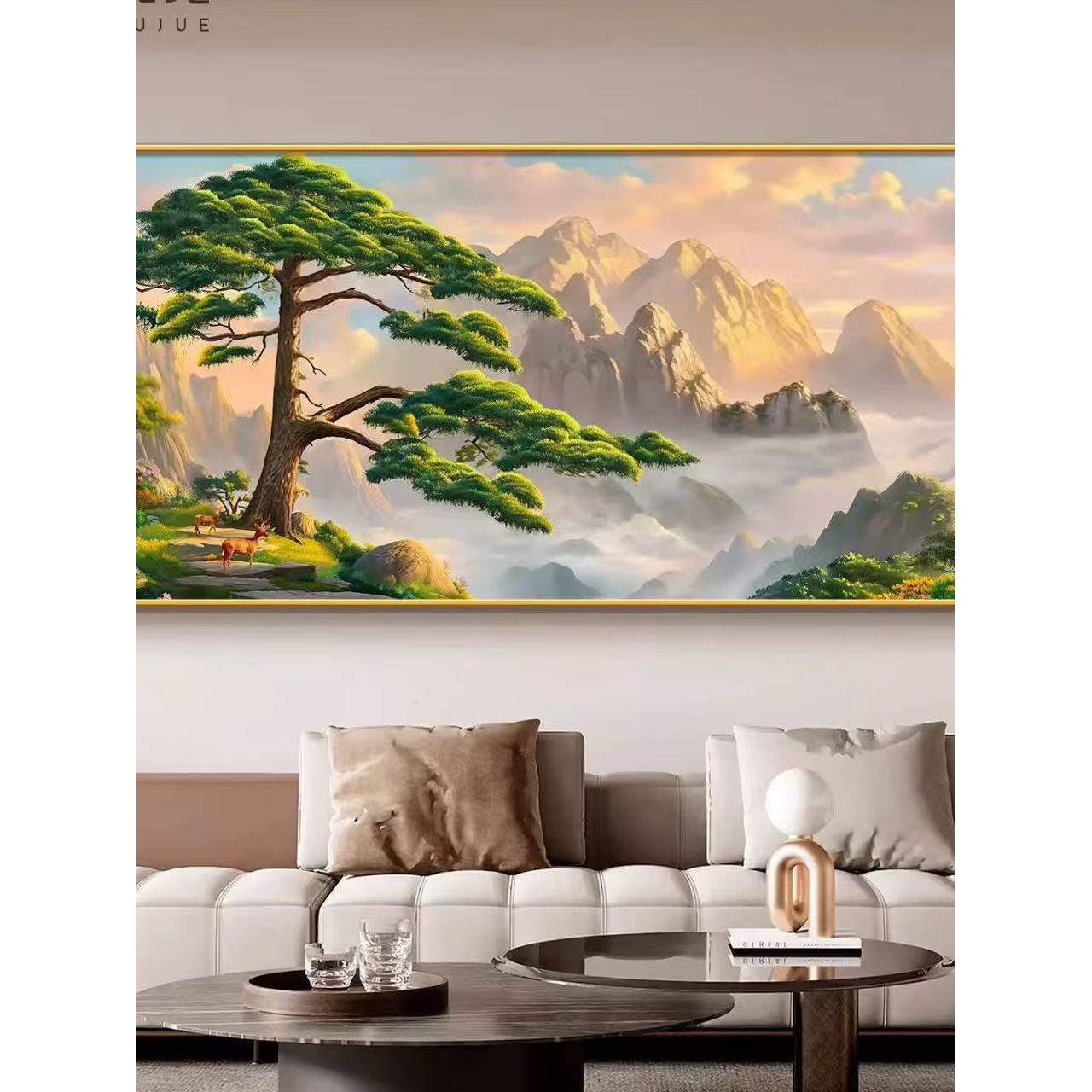 迎客松客厅装饰画高档大气沙发后背景墙挂画有山无水靠山图风景画