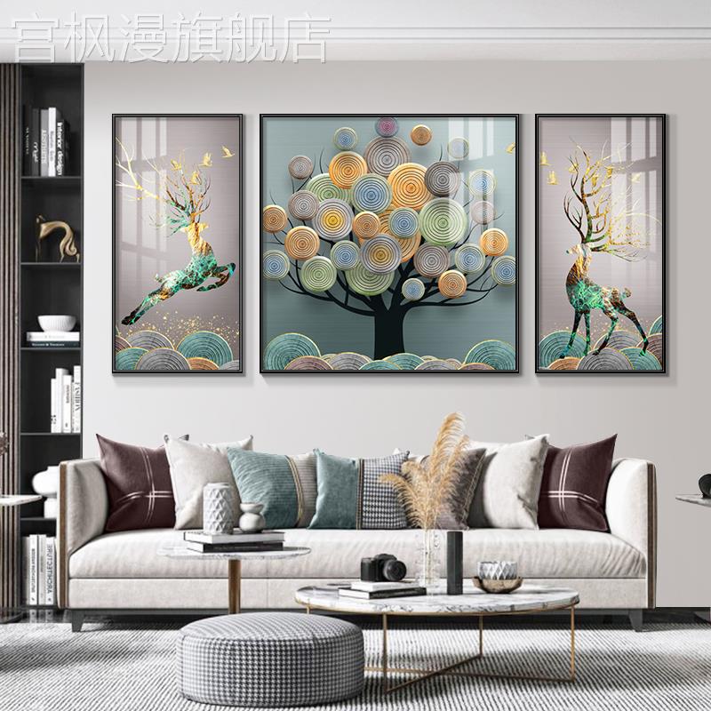 客厅装饰画新中式沙发背景墙画大气简约客厅三联画福鹿连年有鱼画图片