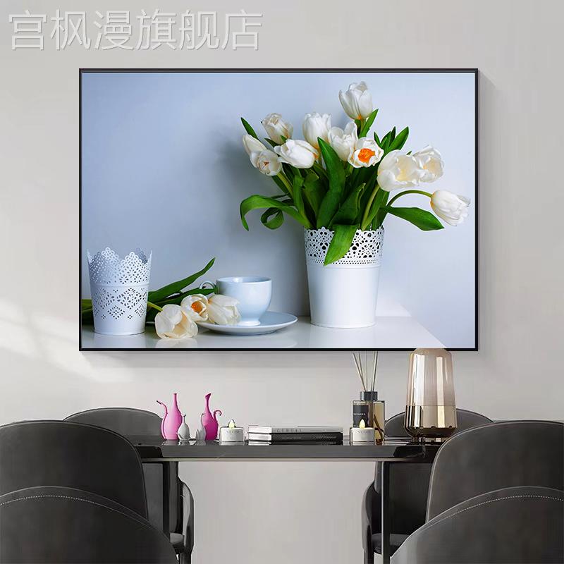 现代简约餐厅装饰画轻奢花卉九鱼聚财锦鲤新中式饭厅厨房玻璃挂画图片