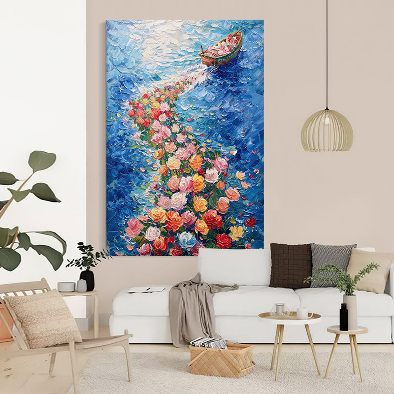 客厅蓝色大海洋墙壁装饰画抽象艺术肌理手绘油画玄关丙烯花卉挂画图片