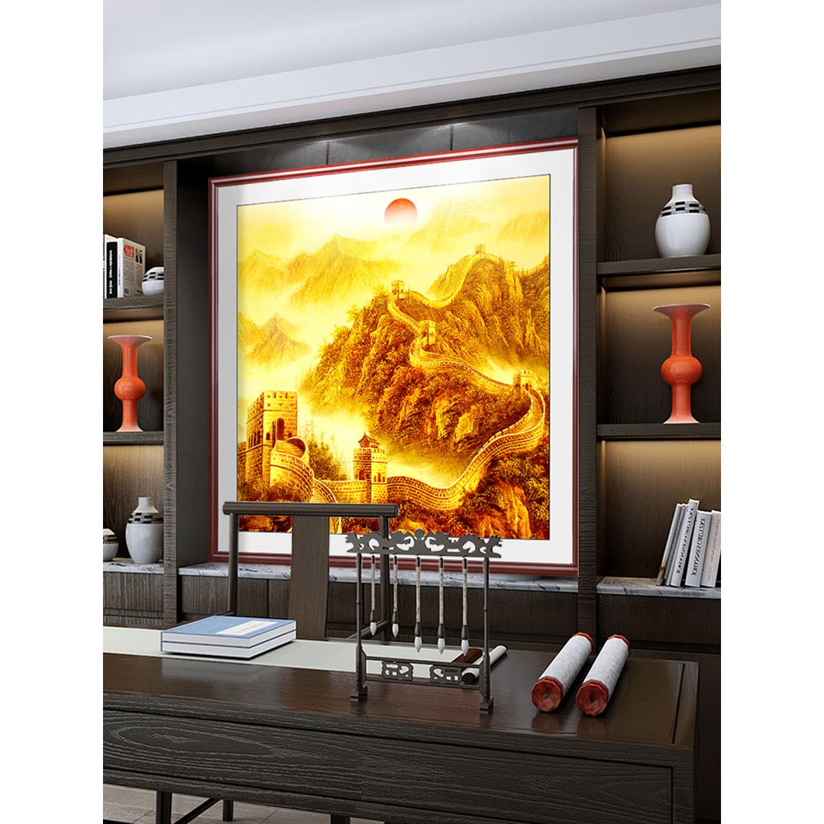 壁画会客室背景山水画正方形招财金色万里长城装饰画办公室中式画