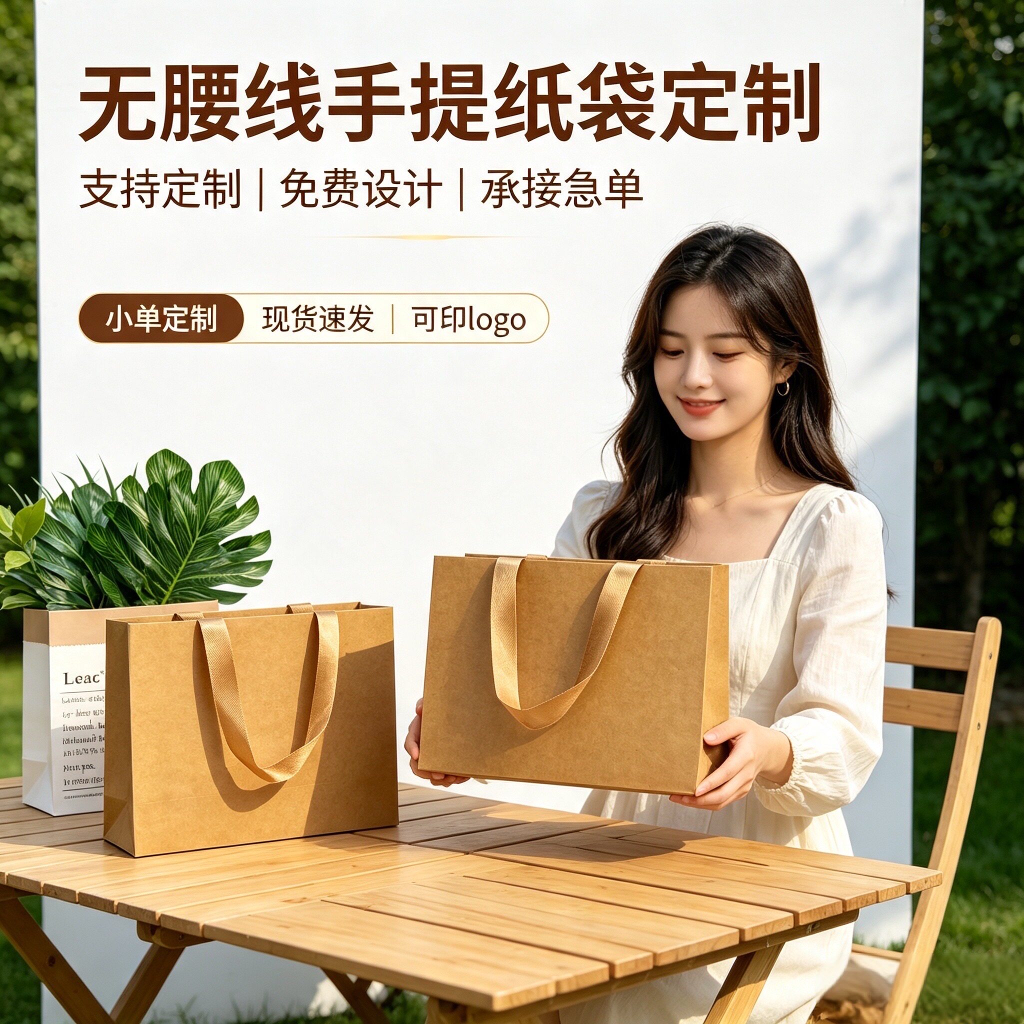 简约牛皮纸手提袋无腰线纸袋定制环保购物袋加厚【免费设计印刷】