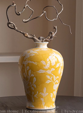 TEXDREAM织梦 富贵黄兰 手绘青花瓷客厅花瓶摆件新中式陶瓷花瓶