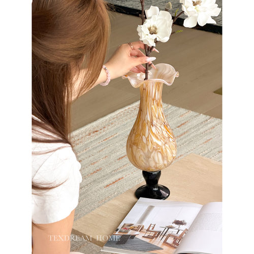 琥珀花瓶◆TEXDREAM织梦中古琉璃花瓶摆件轻奢高级客厅装饰花器