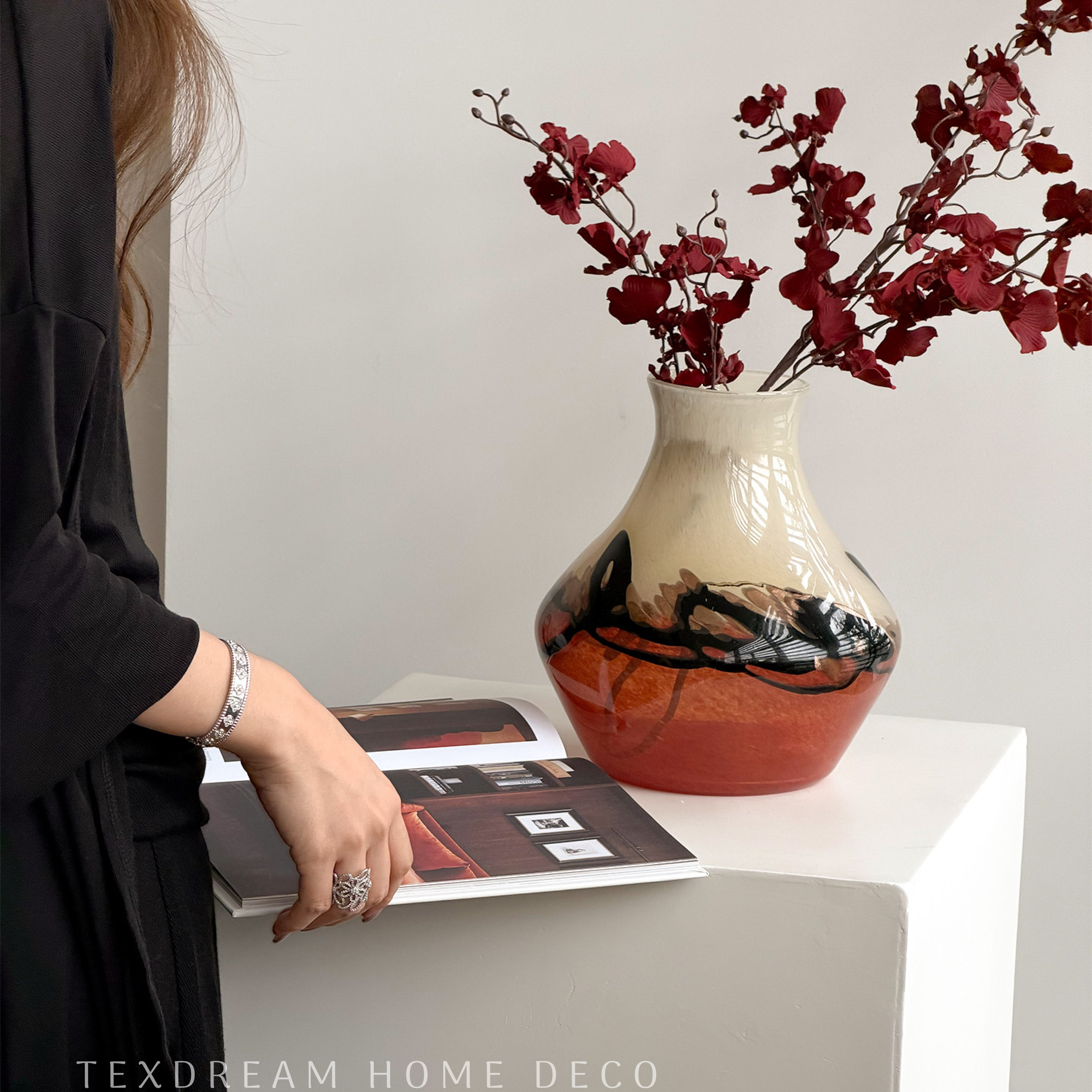 TEXDREAM 水墨丹霞琉璃花瓶摆件客厅玄关新年红高级插花装饰假花,家居饰品,花瓶,淘宝优惠券,粉丝福利购,淘宝优惠卷