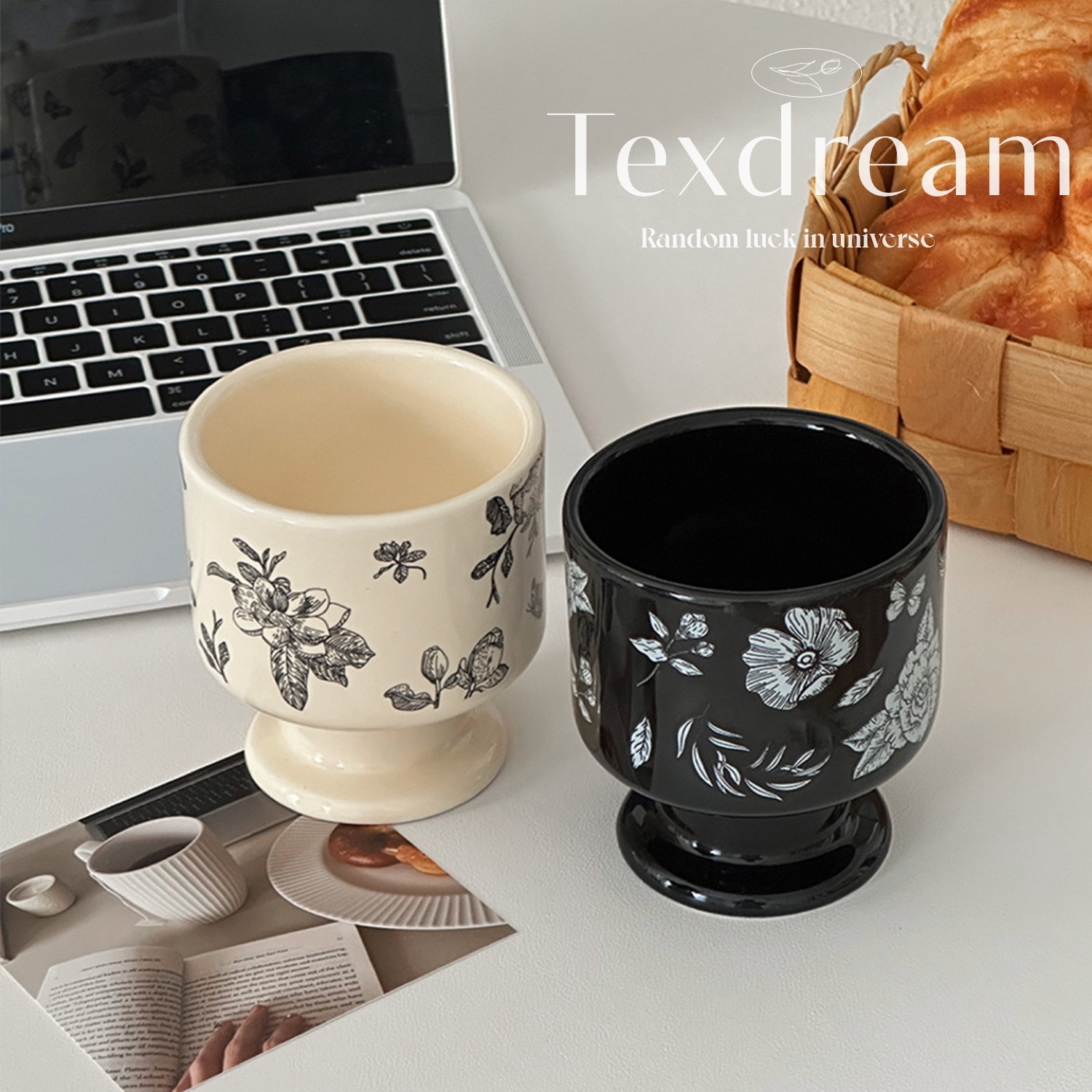 山茶花黑白高脚杯小众陶瓷马克杯