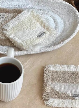 Texdream织梦 亚麻针织流苏杯垫方形ins桌面防烫隔热垫子北欧餐垫