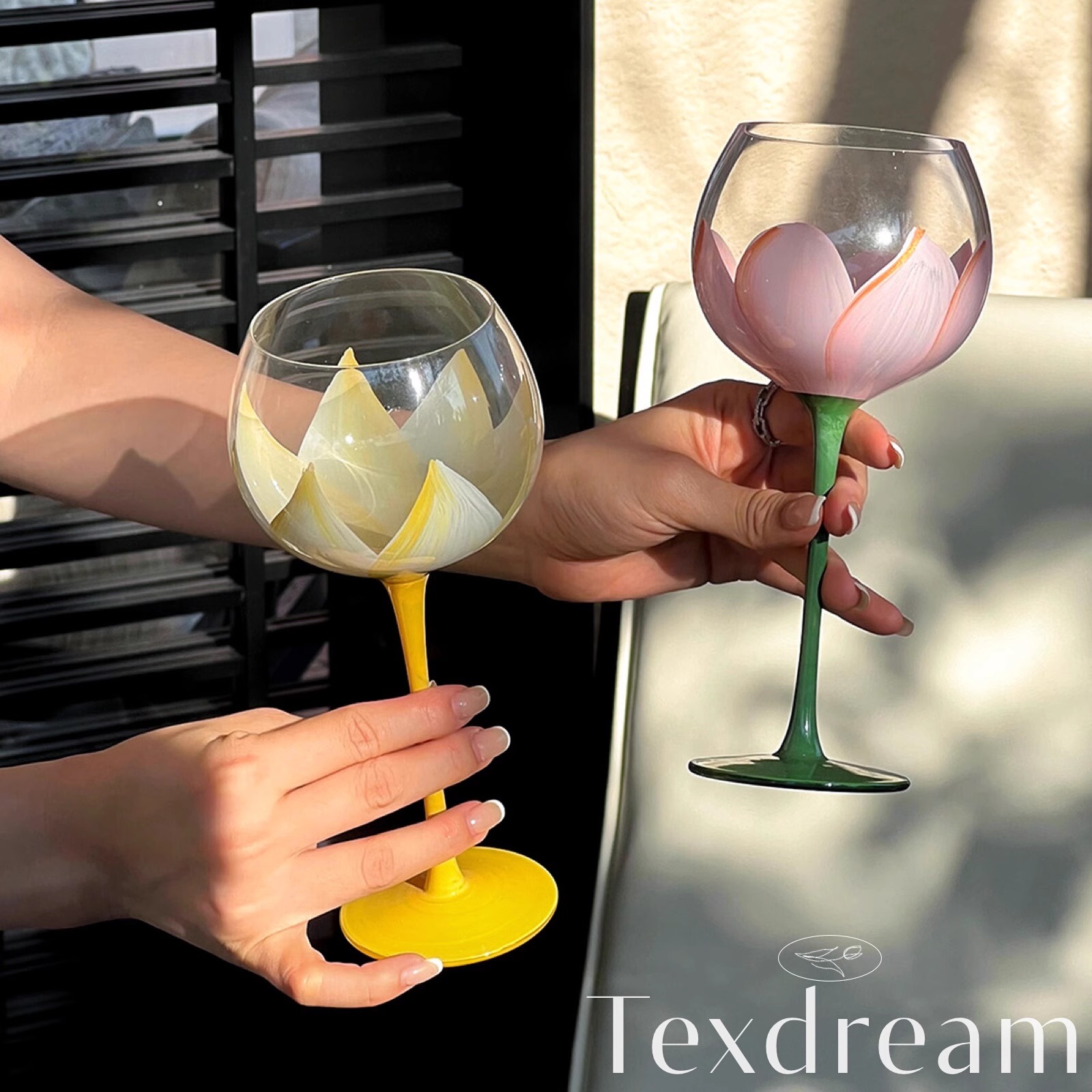 Texdream织梦手工彩绘花朵玻璃高脚杯红酒杯小清新创意酒杯高颜值