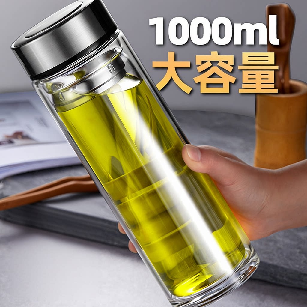 超大容量1000ml双层玻璃水杯耐带