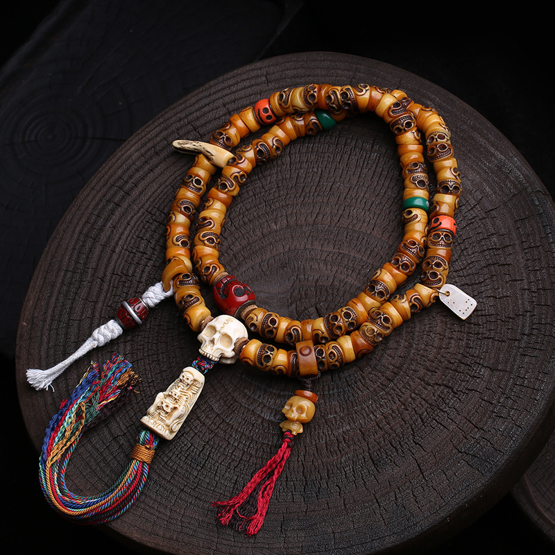 藏传回流骨大肠珠雕刻阿呆108颗佛珠念珠文玩根付尸陀林料器配饰