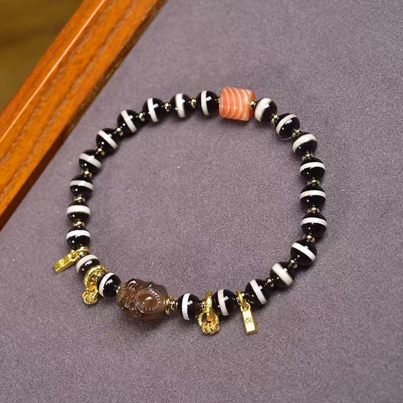 天然老西亚镶蚀线珠手串单圈藏式文玩佛珠玛瑙阿呆缠丝玛瑙配饰