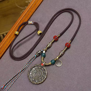 手工编织绳项链可调节老天铁九宫八卦吊坠黄财神嘎乌盒挂坠毛衣链