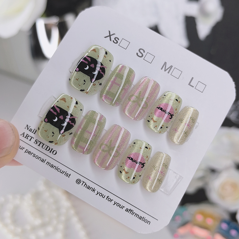 美甲穿戴甲2025新款绿色卡通小猫