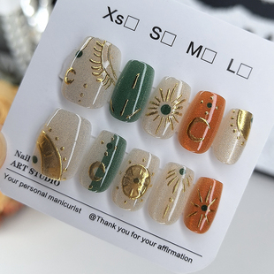 穿戴甲2025新款 鎏金图腾手工甲猫眼高级感轻奢美甲贴片可拆卸 短款