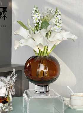 新款直销HJM-现代轻奢棕色琉璃玻璃花器客厅餐桌样板间酒店插花装