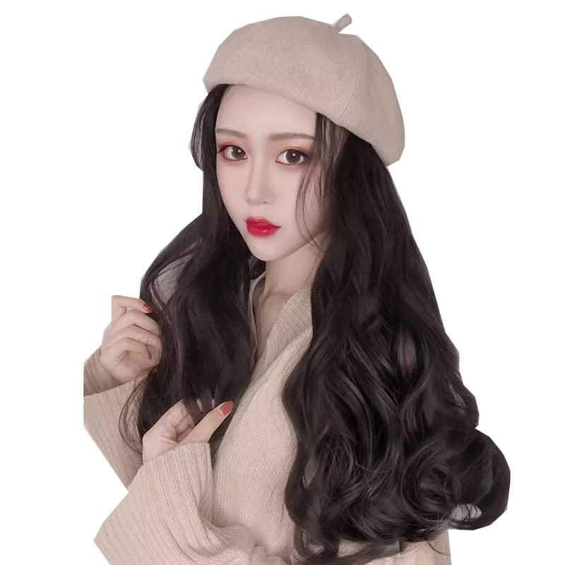 新款直销假发女长发网红假发帽子一体冬天时尚贝雷帽卷发自然大波
