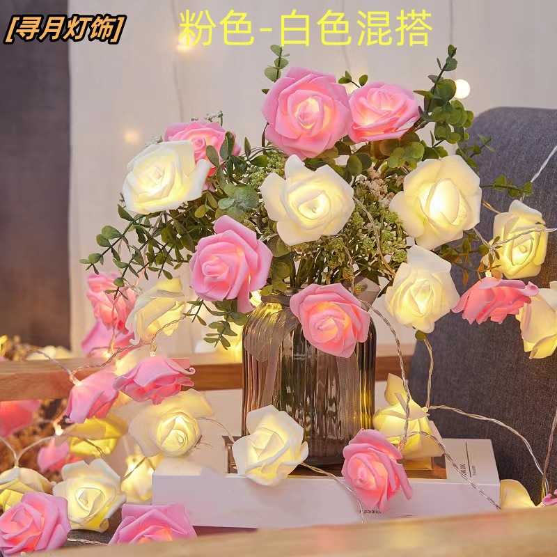 新款直销跨境LED仿真泡沫玫瑰花灯串月季小彩灯白色粉色蓝色5cm花