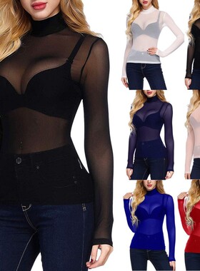 Autumn Women Fashion Sheer Mesh Shirt High Neck Arm Shaper T