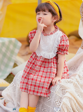 Vestido de princesa a cuadros para ni?as, manga abombada, ve