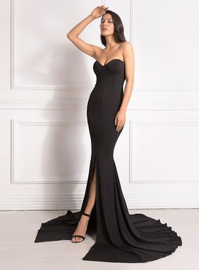 Sexy Strapless Long Black Maxi Dress Front Slit Bare Shoulde