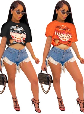 2019 Street personality perforated T-shirt