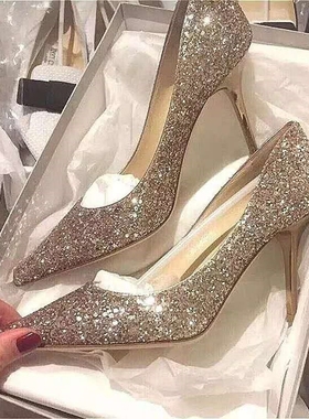 Wedding shoes Women silver crystal sequins pointed high hee