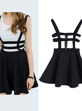 Retro Women Suspender Skirts Mini Girl Ruffles Skater Pleate