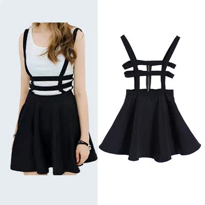 Retro Women Suspender Skirts Mini Girl Ruffles Skater Pleate